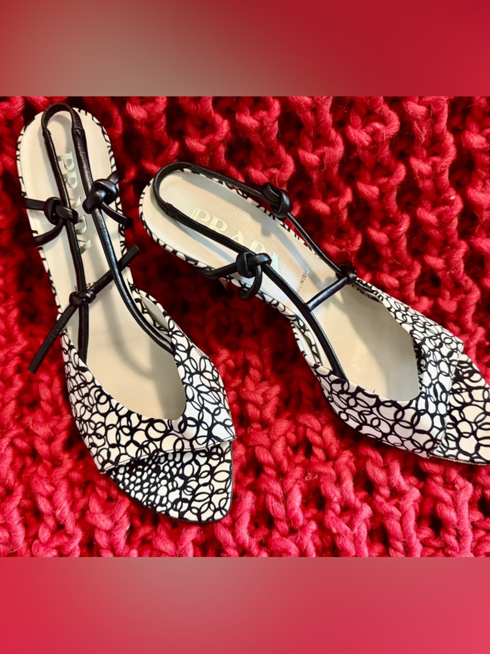 Prada Black & White Patterned Knot-Detail Slingback Sandals